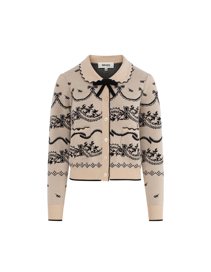 BORA AKSU Bow Tie Lapel Black Floral Pattern Long Sleeve Wool Cardigan