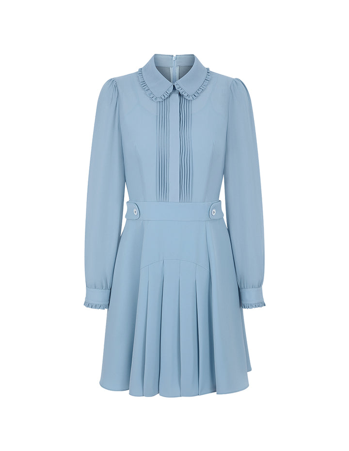 BORA AKSU Peter Pan Tuxedo Collar Puff Long Sleeve Ruffle Pleated Midi Dress
