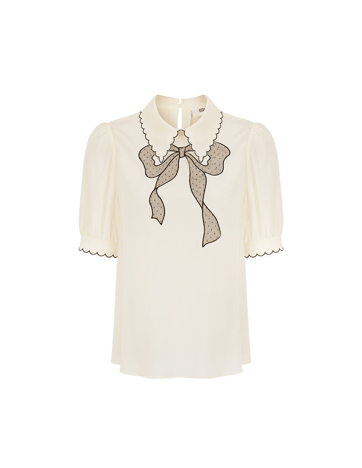 BORA AKSU Petal Collar Mesh Bow Embroidered Silk Blouse