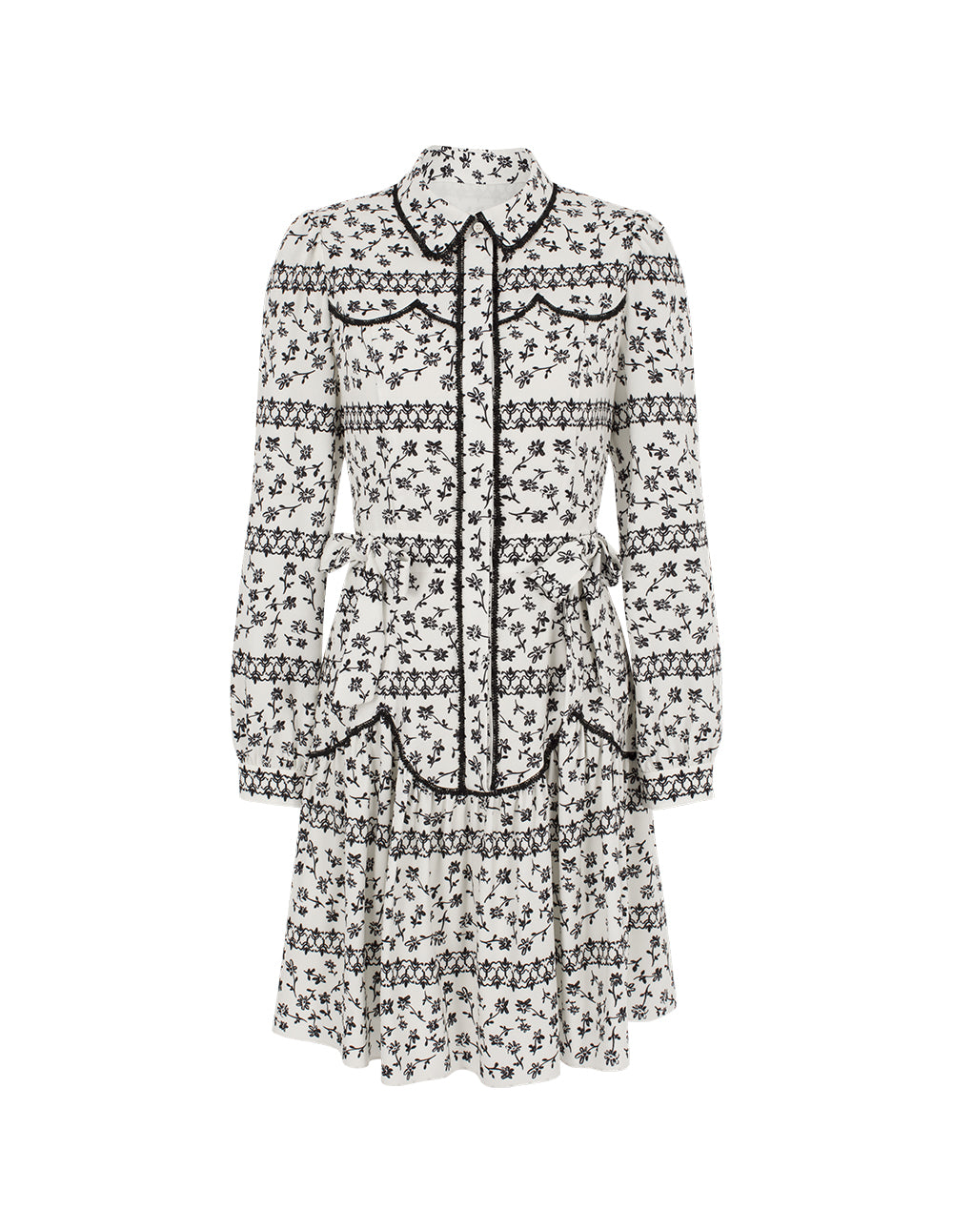 BORA AKSU Black Floral Print Puff Sleeve Midi Dress with Lace Trim