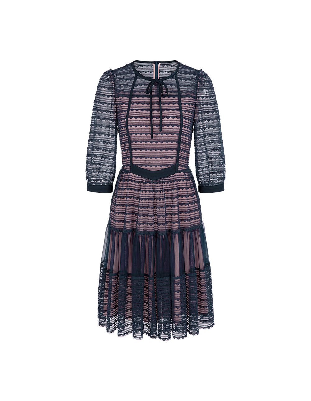 BORA AKSU Round-Neck Lace Trim Bubble Sleeve Pleated Midi Dress