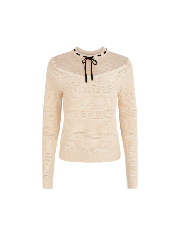 BORA AKSU Round Neck Sheer Lace Patchwork Long Sleeve Knit Pullover