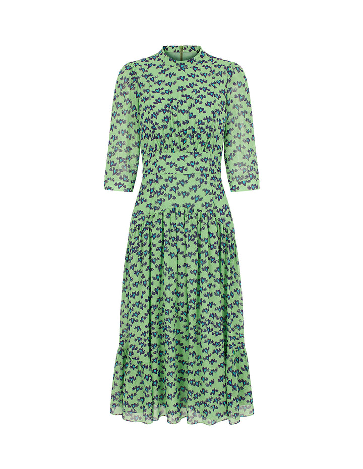 BORA AKSU Stand Collar Puff Short-Sleeve Heart Print Empire-Waist Pleated Midi Dress