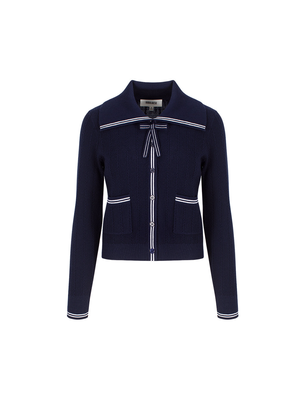 BORA AKSU Navy Blue Bow Tie Long Sleeve Wool Knit Cardigan