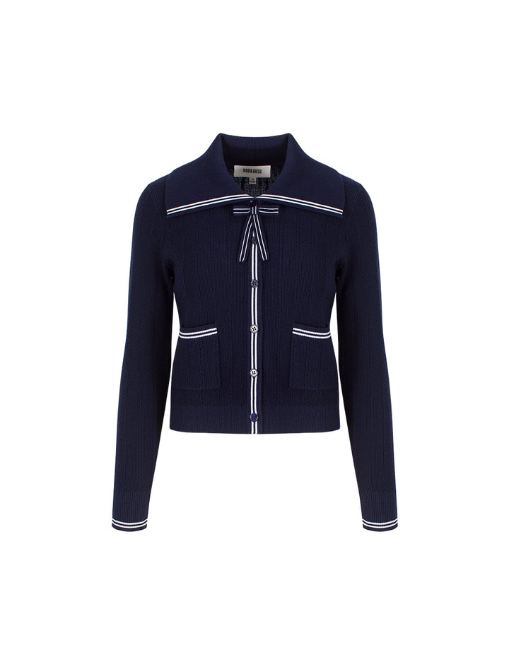 BORA AKSU Navy Blue Bow Tie Long Sleeve Wool Knit Cardigan
