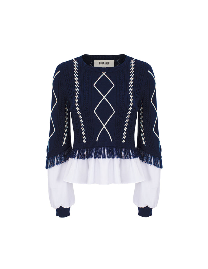 BORA AKSU Round Neck Diamond Pattern Knit Top with Shirt Front & Fringe Trim