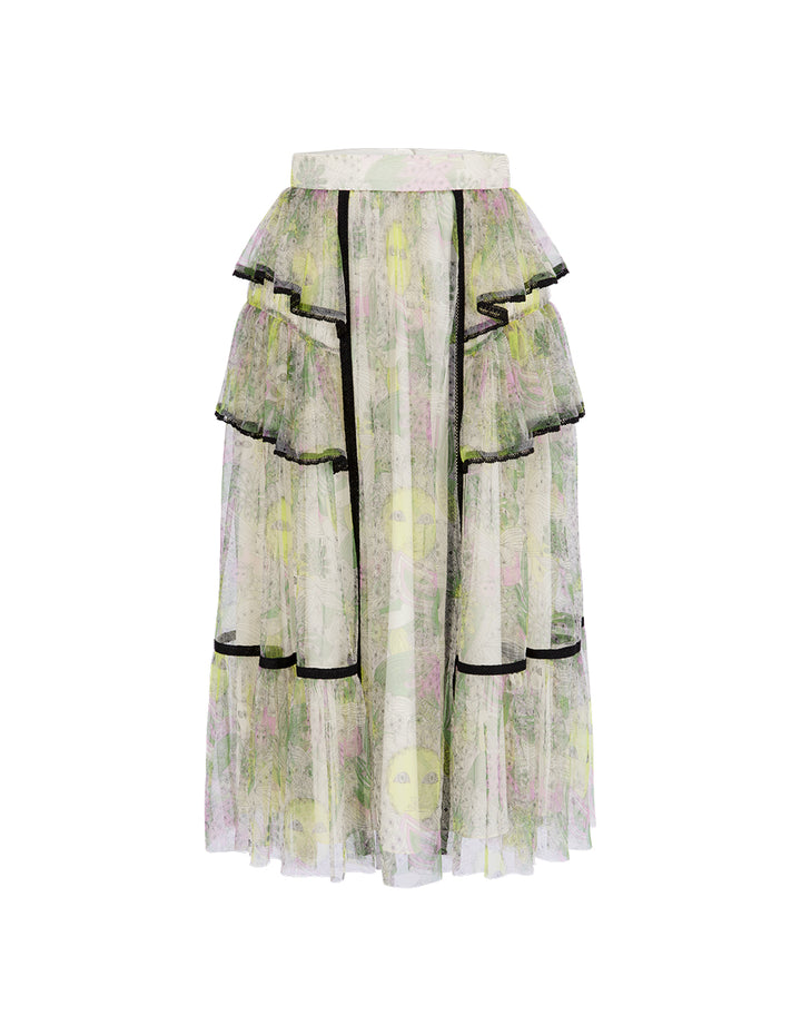 BORA AKSU Tiered Ruffled Printed Mesh Skirt
