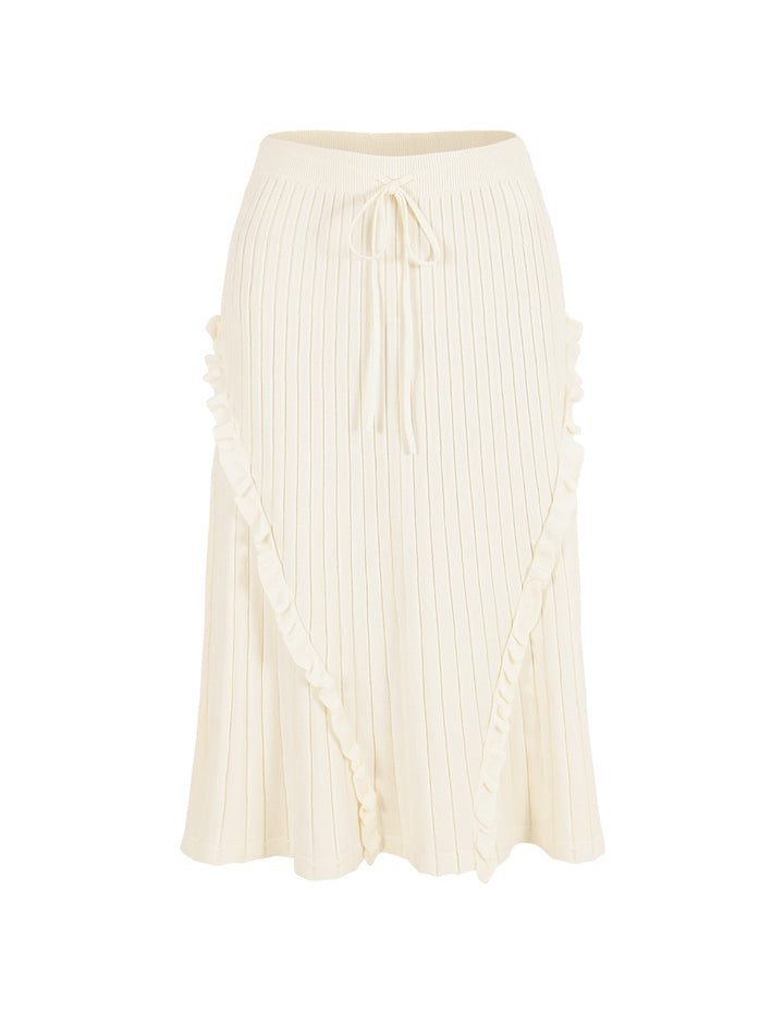 BORA AKSU Elastic Waistband Ruffle-Trim Vertical Textured Knit Midi Skirt