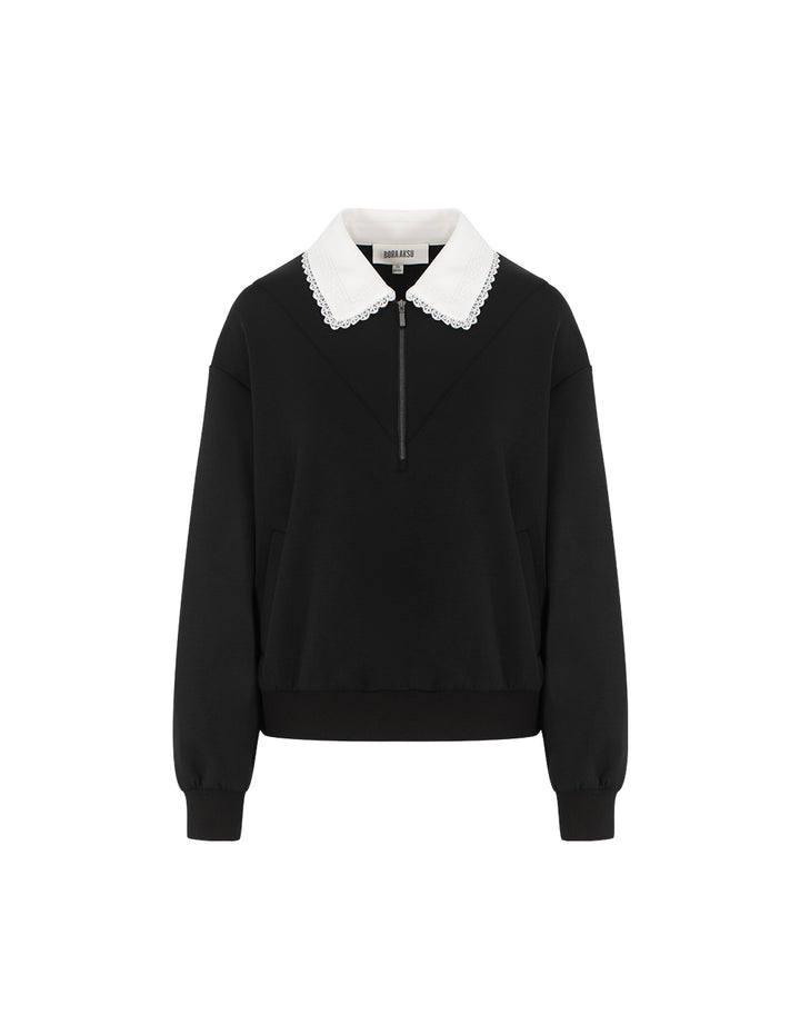 BORA AKSU Notched Collar Zip-Up Hooded Ribbed Sweatshirt