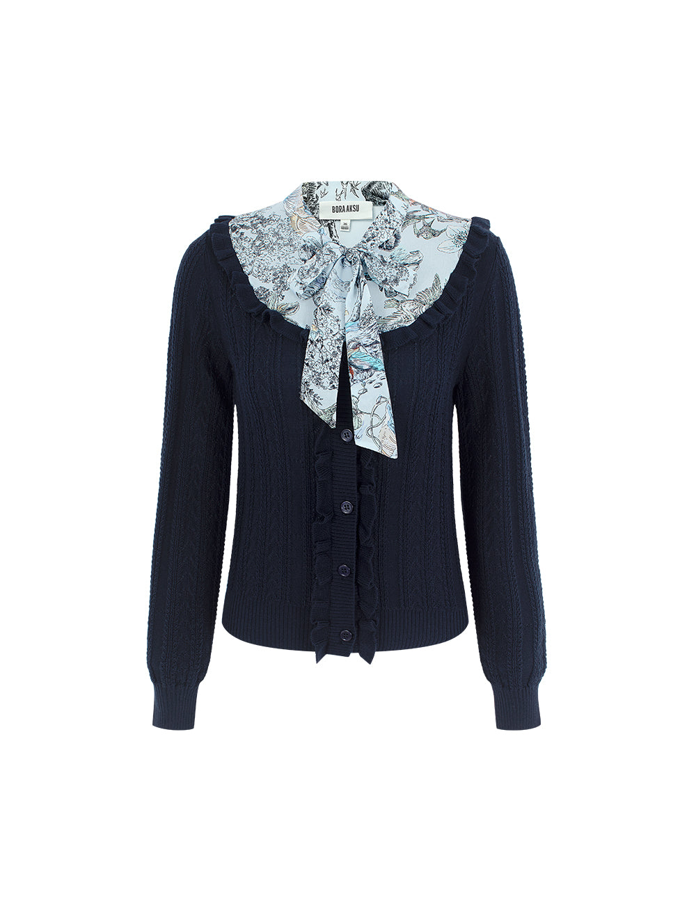 BORA AKSU Ruffled Trim Knit Top Patchwork Print Sash Tie Knitted Pullover