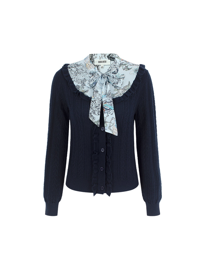 BORA AKSU Ruffled Trim Knit Top Patchwork Print Sash Tie Knitted Pullover