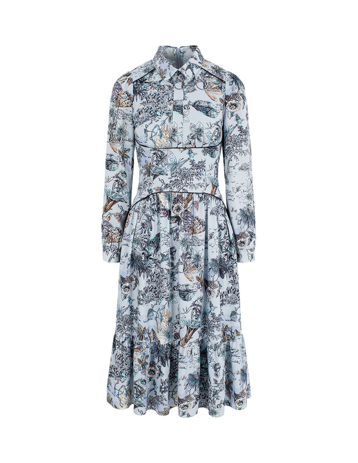 BORA AKSU Collared Hand-Painted Floral Print High-Waist Maxi Shirt Dress