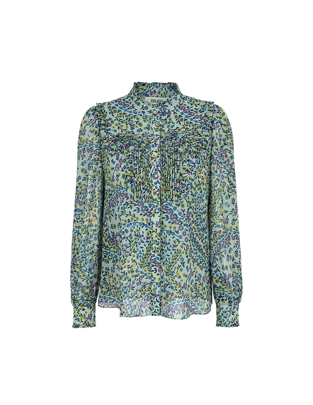 BORA AKSU Ruffle Stand-Collar Long-Sleeve Printed Blouse