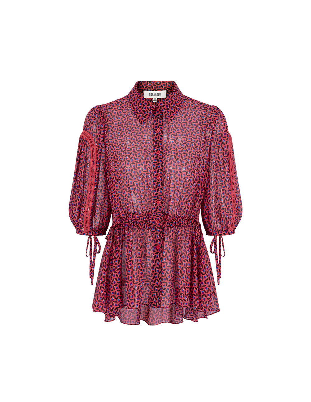 BORA AKSU French Puff Sleeves Smocked Waist Floral Blouse