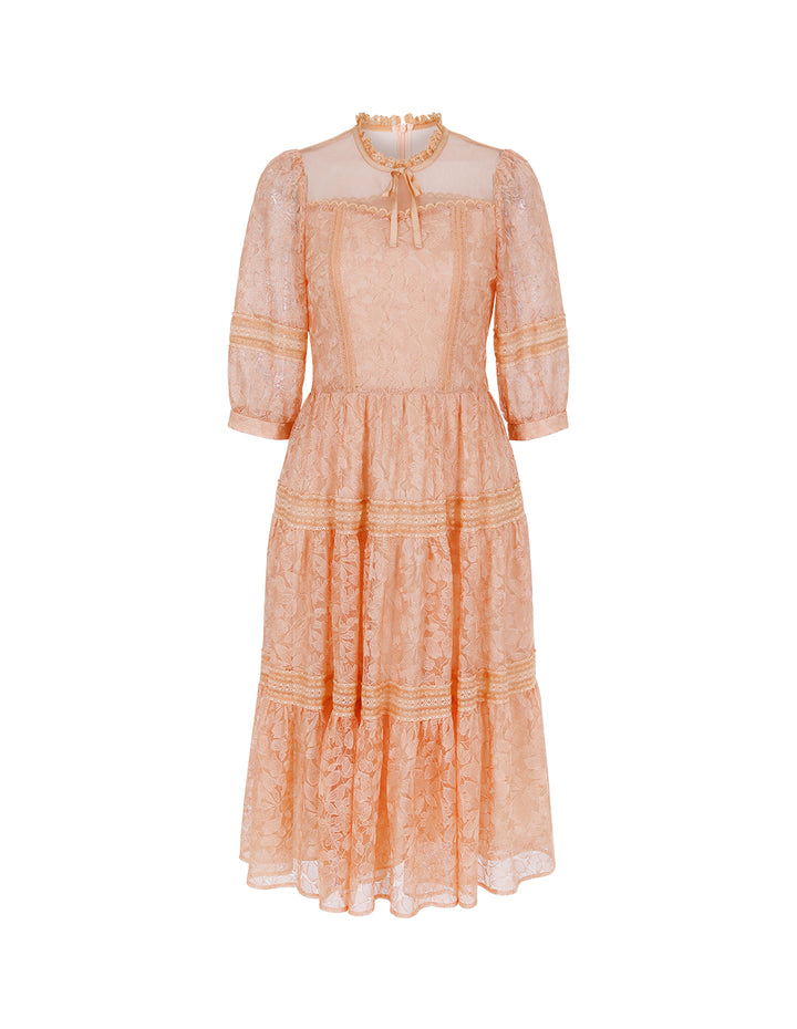 BORA AKSU Ruffled Round Neck Puff Short Sleeve Sheer Lace Hollow-Out Prairie Midi Dress