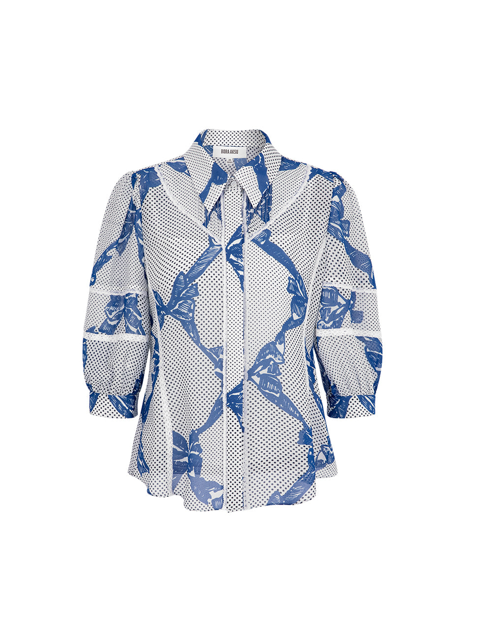 BORA AKSU French Puff-Sleeve Lace-Embellished Bow-Print 3/4 Blouse