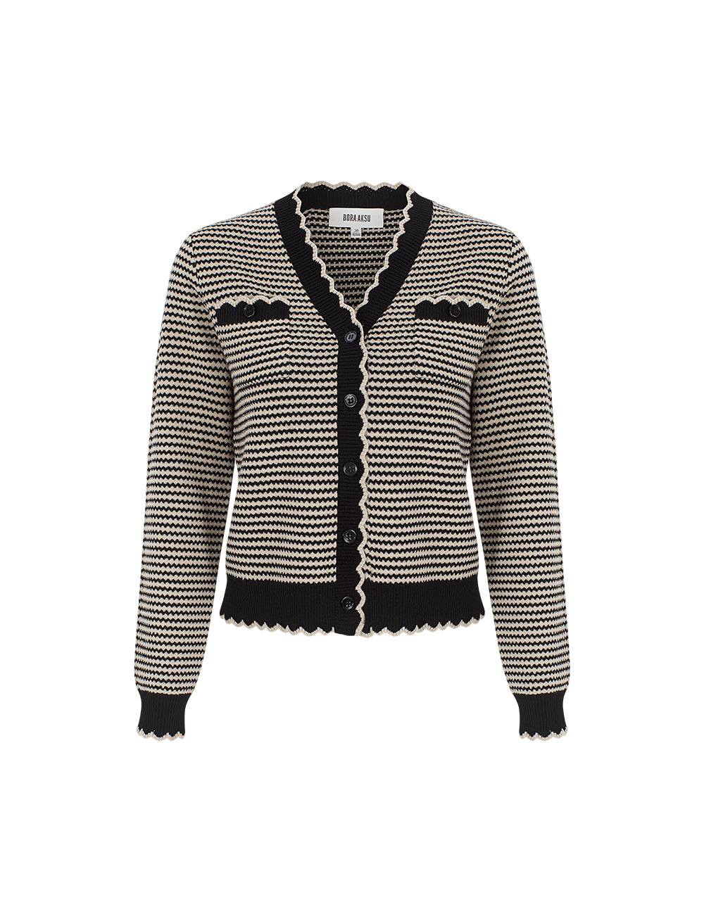 BORA AKSU V-Neck Ruffle Geometric Patterned Knit Cardigan