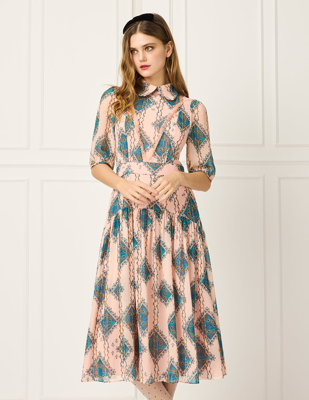 BORA AKSU Lapel Puff Short Sleeve Empire-Waist Geometric Print Pleated Midi Dress