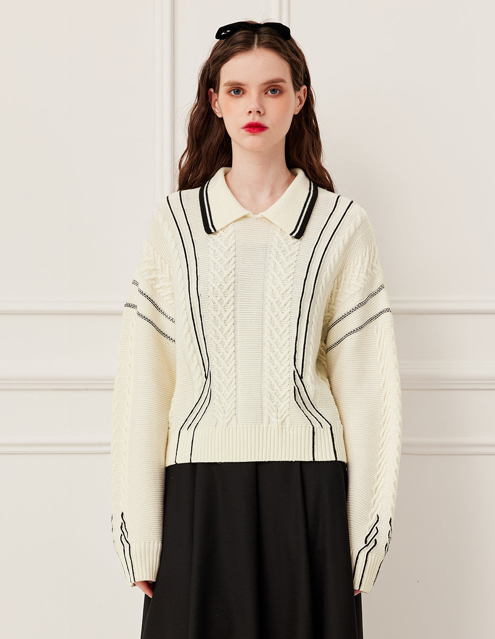 BORA AKSU Full Wool Cable Knit Lapel Long Sleeve Pullover