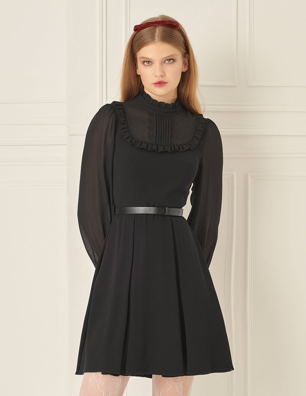 BORA AKSU Puff Sleeve Intellectual Stand Collar Belt Dress