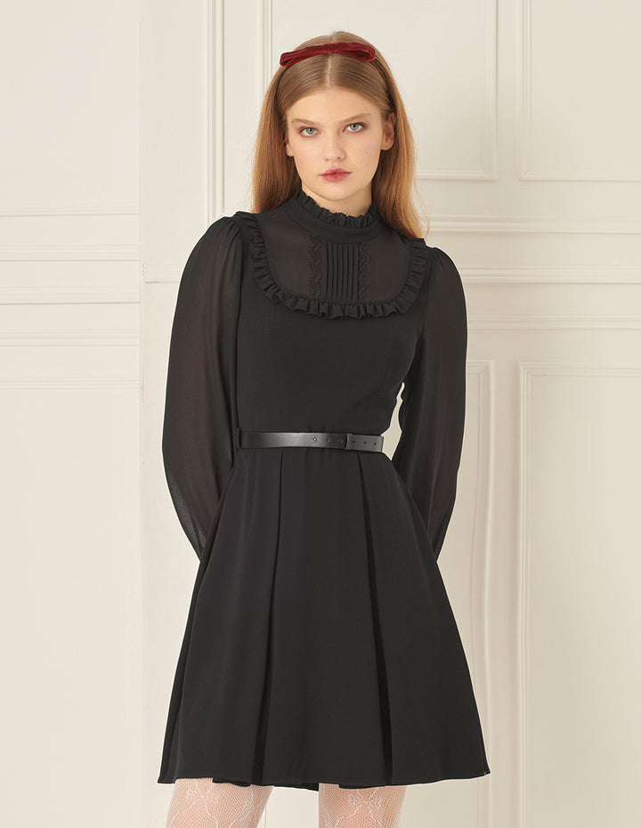 BORA AKSU Puff Sleeve Intellectual Stand Collar Belt Dress