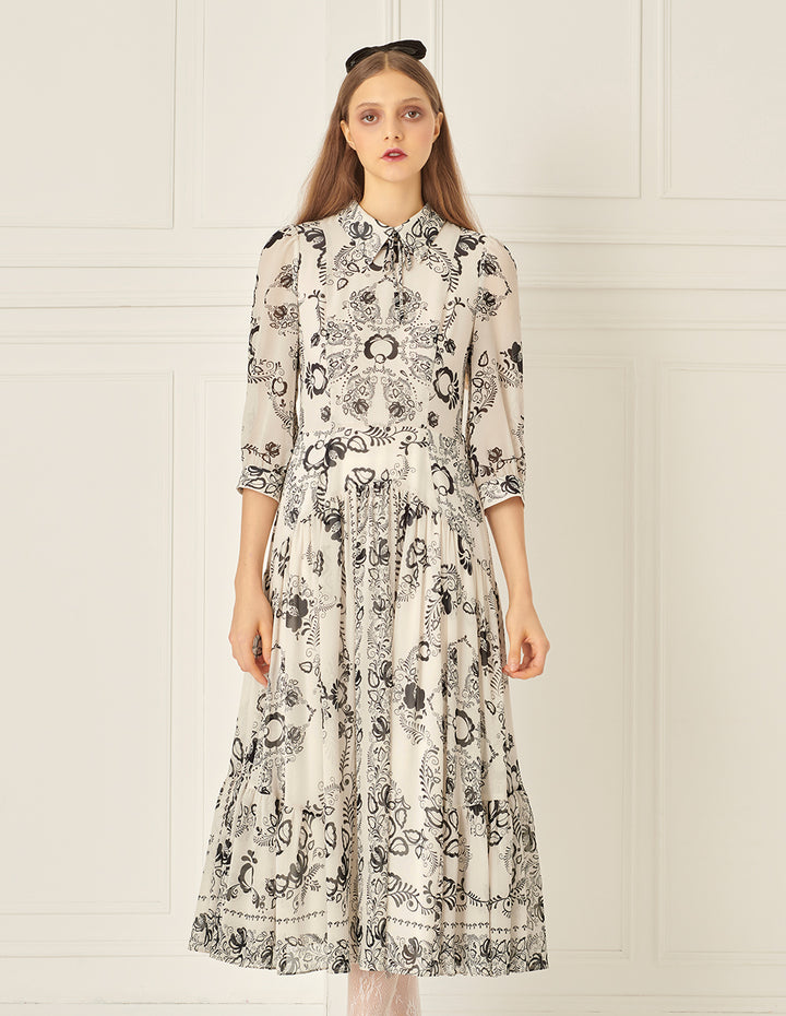 BORA AKSU Puff Sleeve Pleated Line Drawing Print Dress