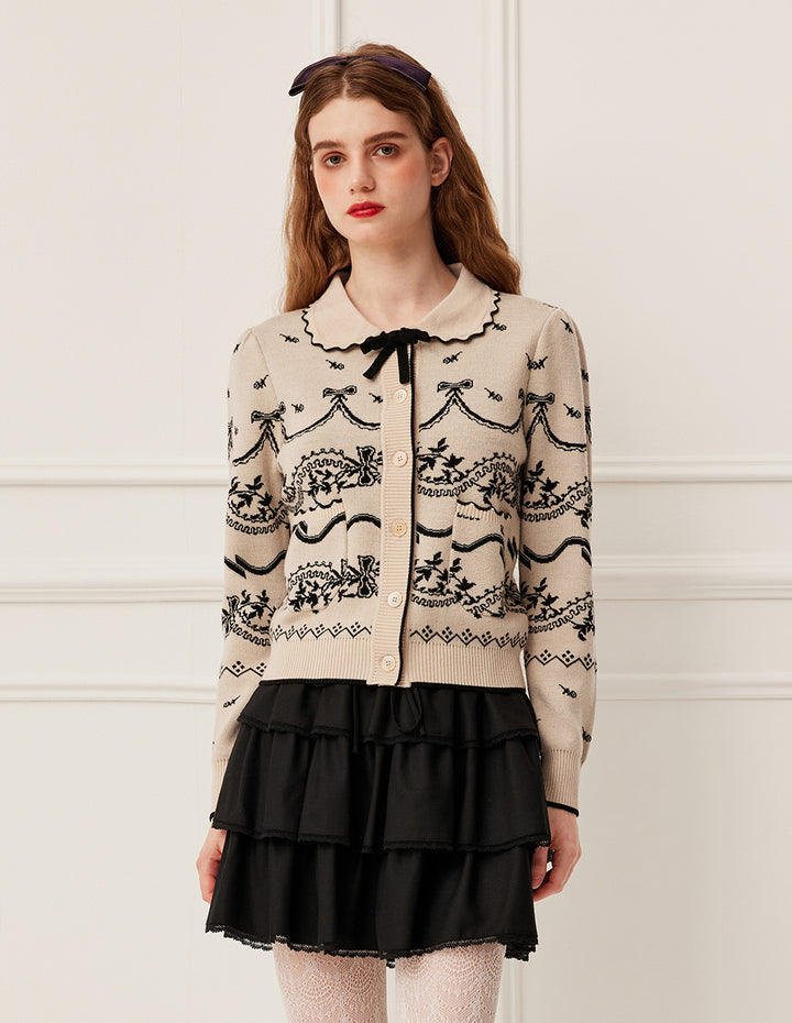 BORA AKSU Bow Tie Lapel Black Floral Pattern Long Sleeve Wool Cardigan