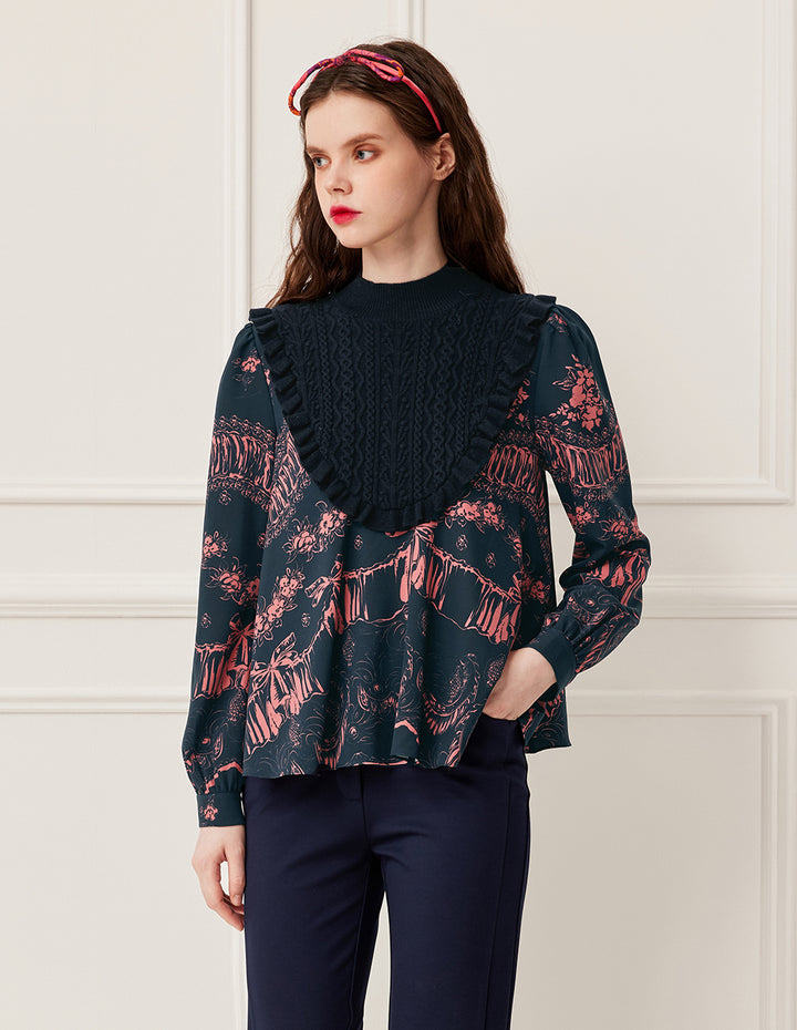 BORA AKSU Semi-High Neck Wool Knit Patchwork Print Top