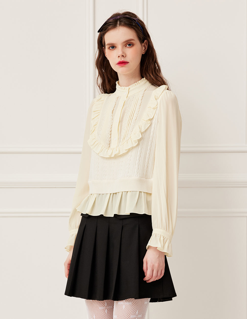 BORA AKSU Ruffled Mandarin Collar Pin-Tuck Wool Blend Knit Top