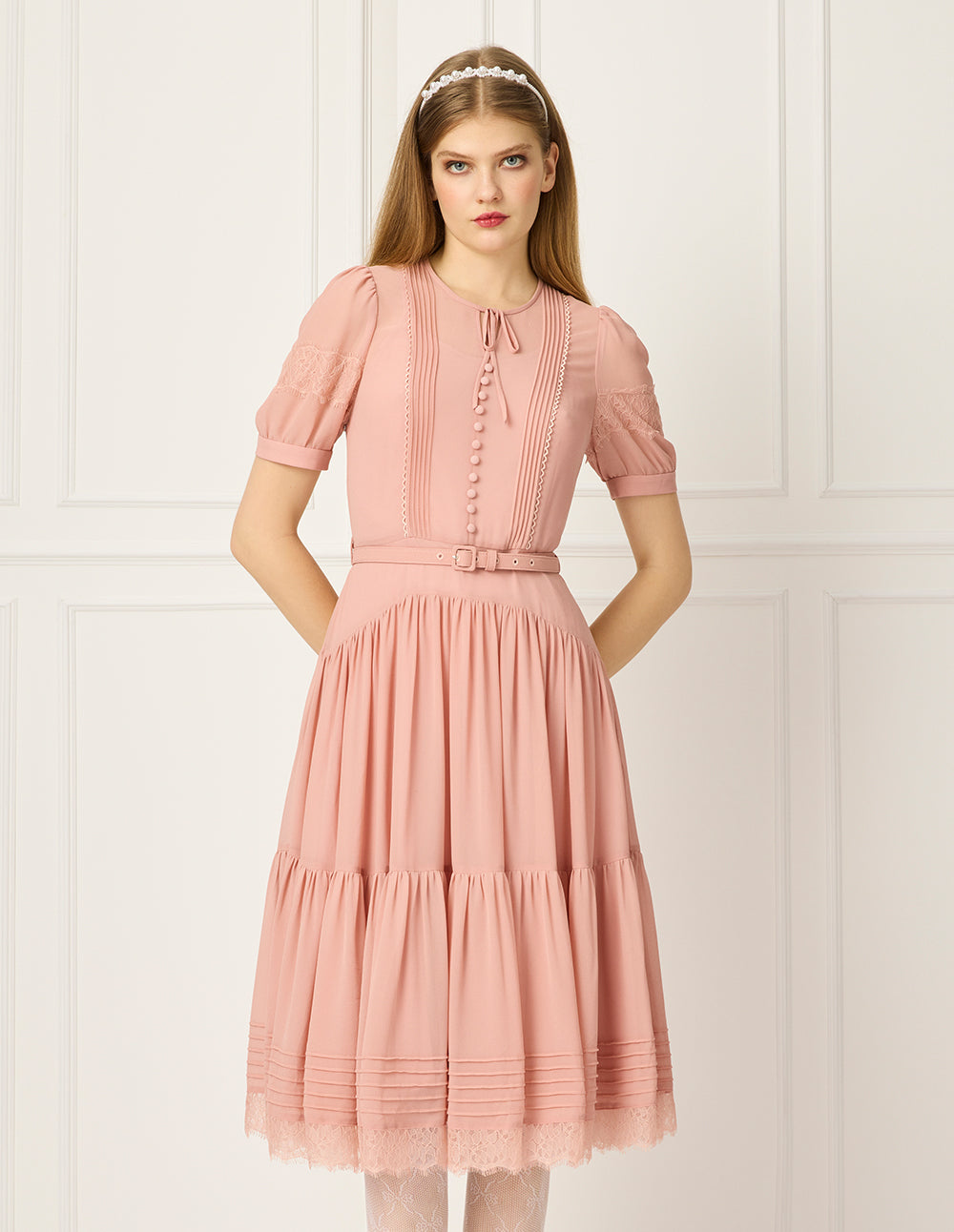 BORA AKSU Round Neck Pin Tuck Tulle Puff Short Sleeve A-Line Flounce Midi Dress