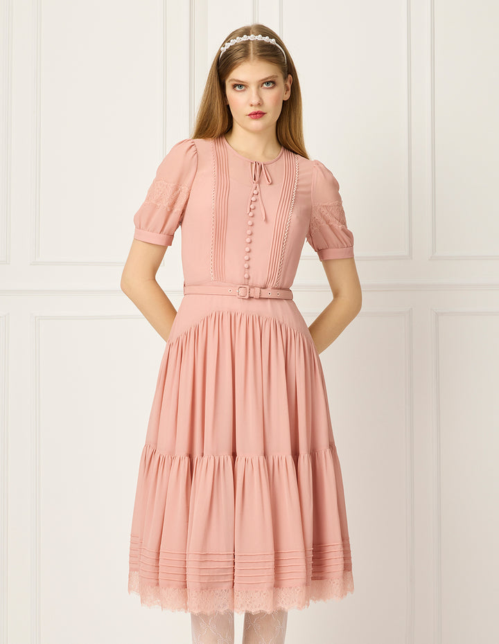 BORA AKSU Round Neck Pin Tuck Tulle Puff Short Sleeve A-Line Flounce Midi Dress