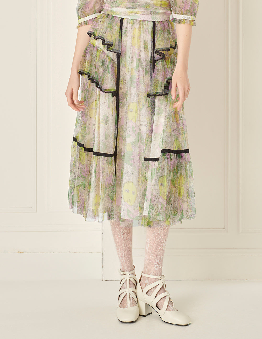 BORA AKSU Tiered Ruffled Printed Mesh Skirt
