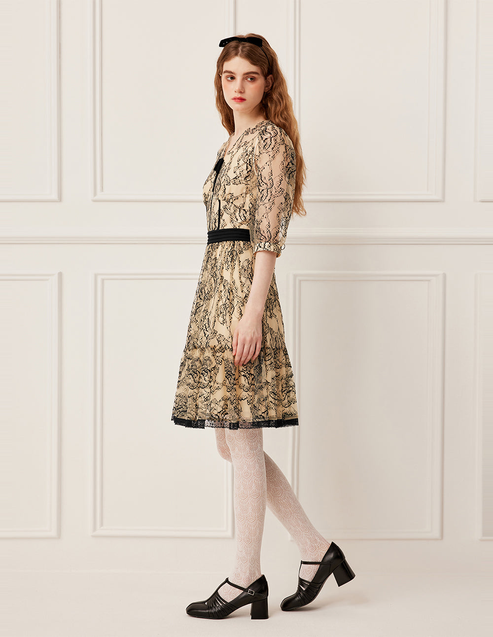 BORA AKSU Sheer V-Neck Lace Trim Floral Print Midi Dress