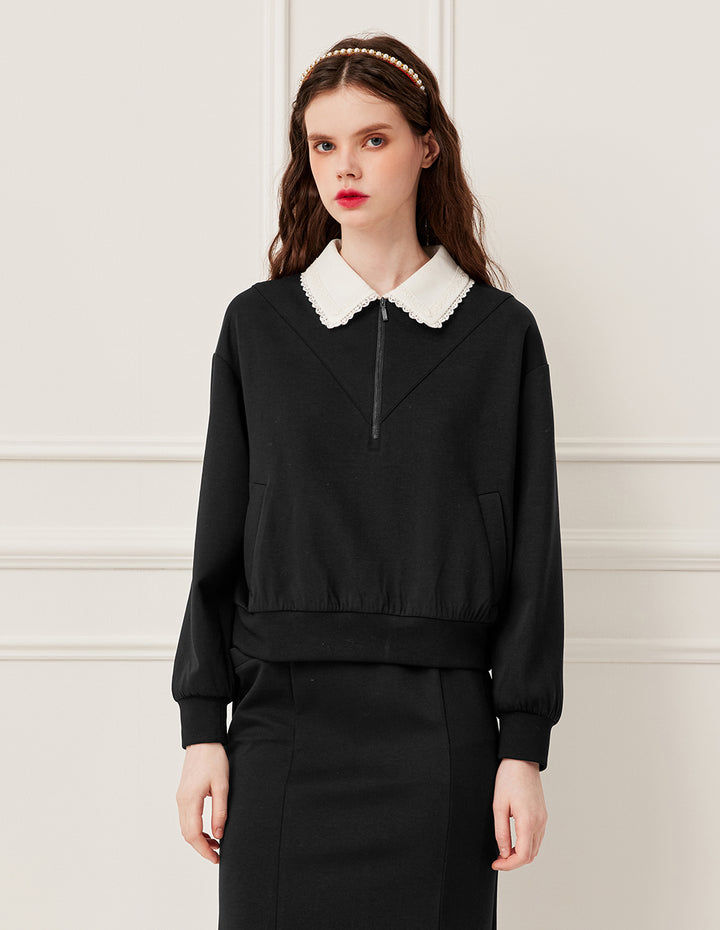 BORA AKSU Notched Collar Zip-Up Hooded Ribbed Sweatshirt