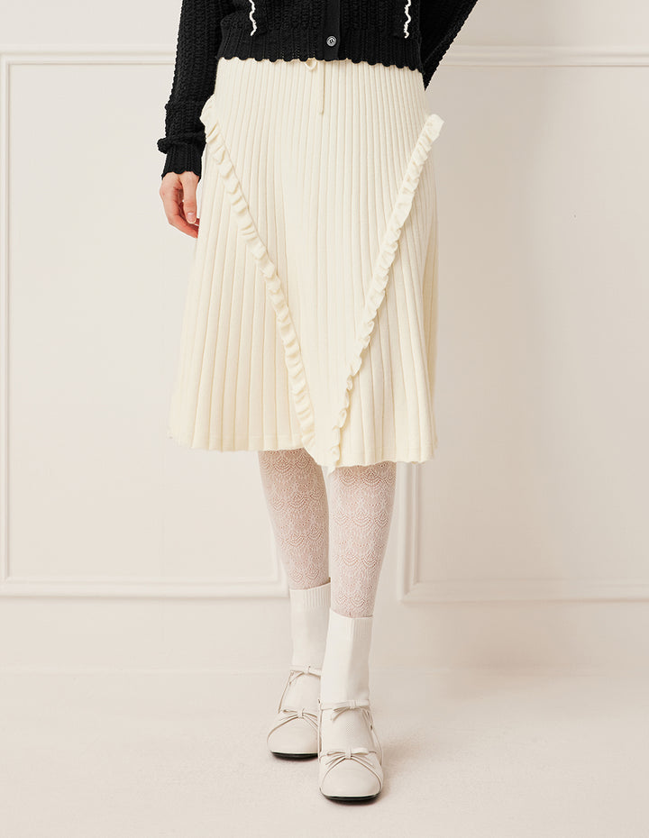 BORA AKSU Elastic Waistband Ruffle-Trim Vertical Textured Knit Midi Skirt