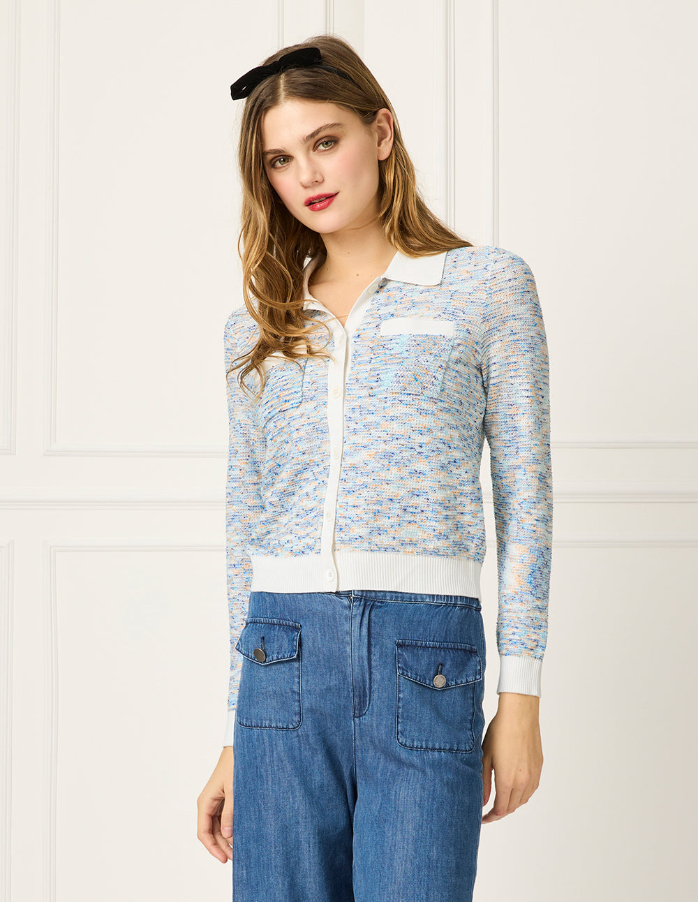 BORA AKSU Peter Pan Collar White Trim Long Sleeve Jacquard Cardigan