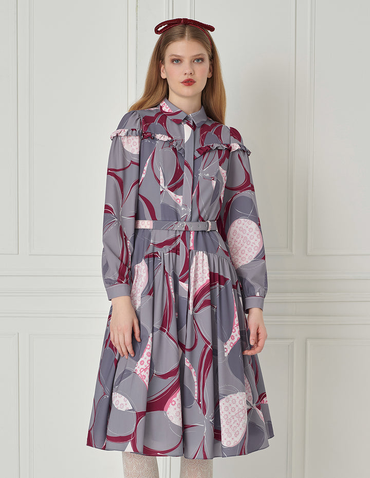 BORA AKSU Shirt-Collar Ruffled Puff Sleeve Printed Midi Dress