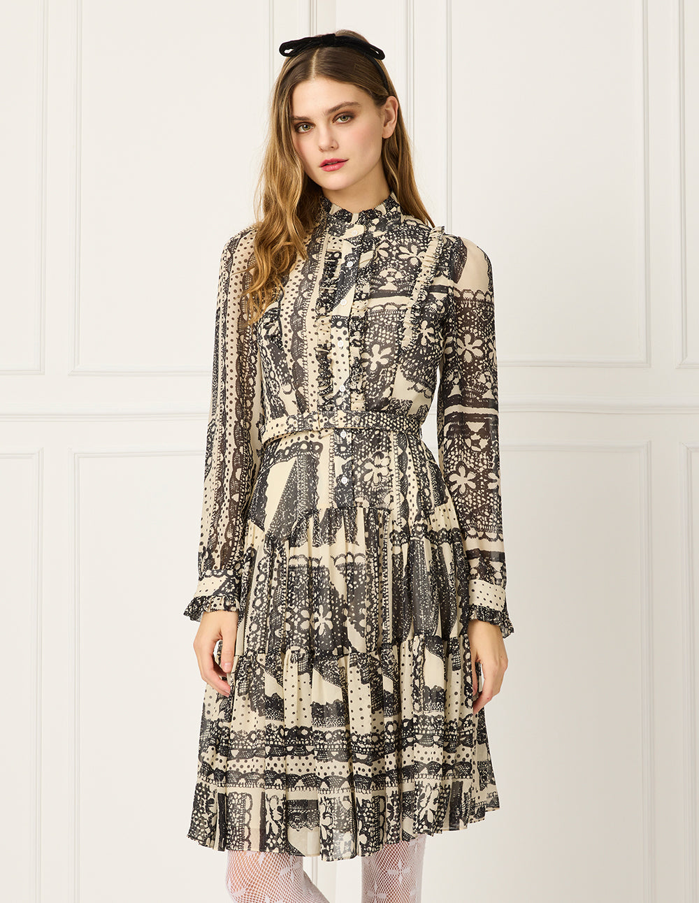 BORA AKSU Bubble Sleeve Mandarin Collar Printed Pleated Midi Dress