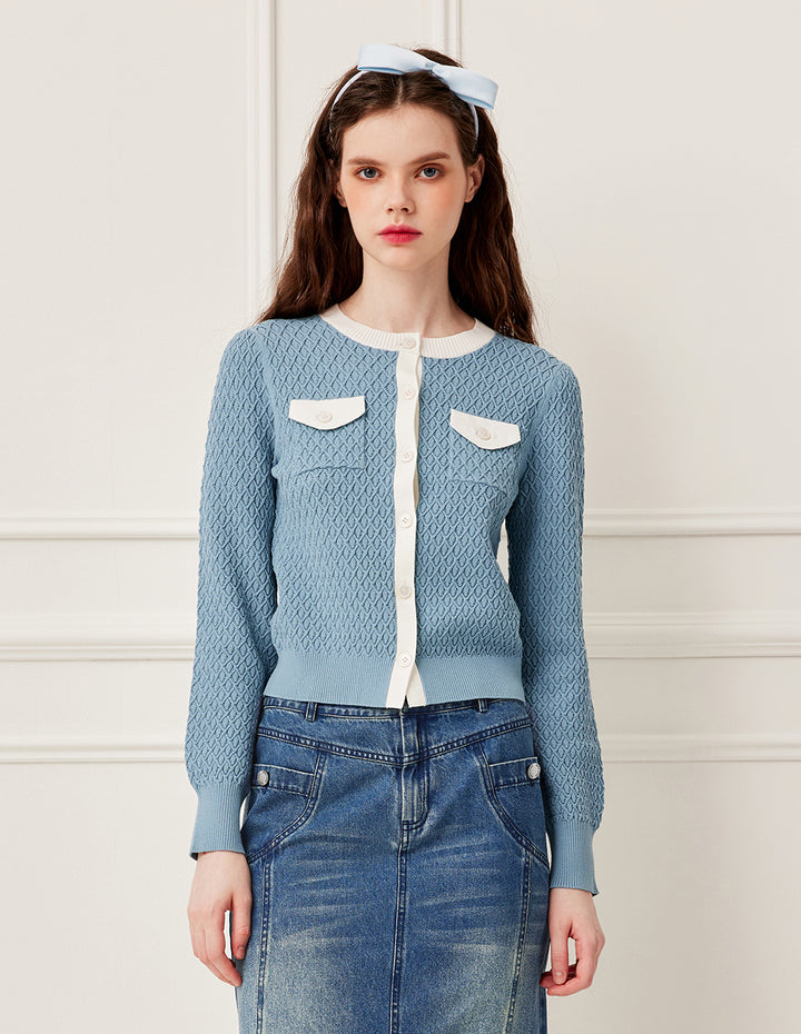 BORA AKSU Round Neck White Stripe Trim 3D Crochet Long Sleeve Knit Cardigan