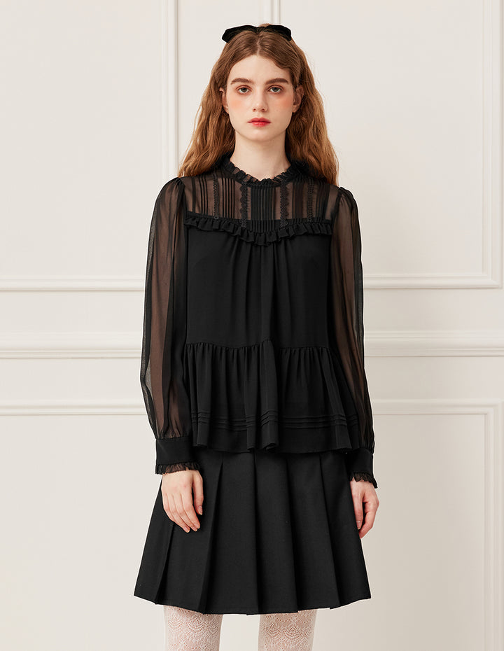 BORA AKSU Ruffled Round Neck Sheer Black Long Sleeve Silk Blouse