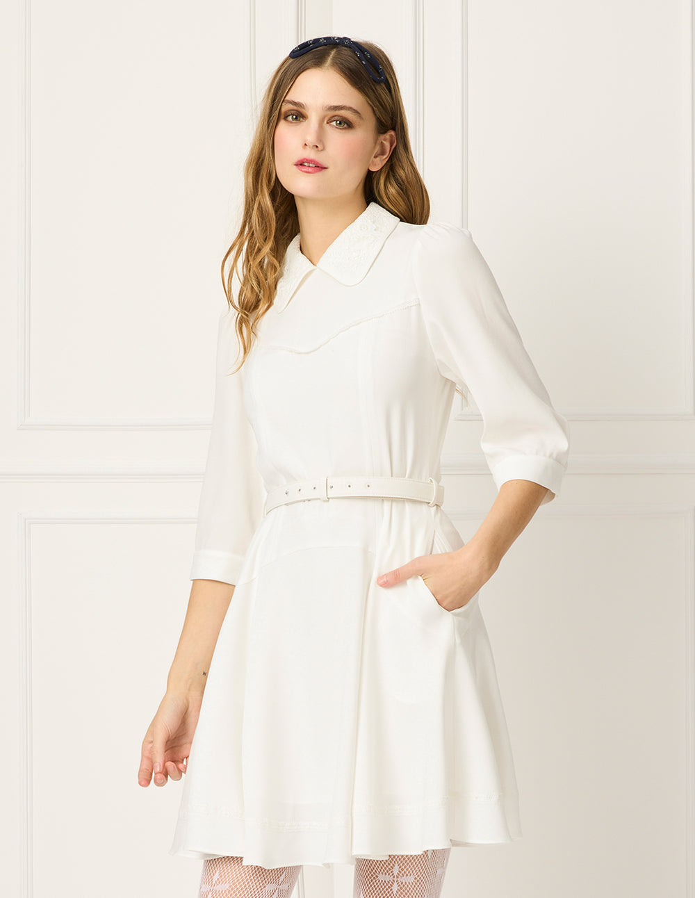 BORA AKSU Peter Pan Collar Puff Sleeve Waist-Tie Pleated Midi White Dress