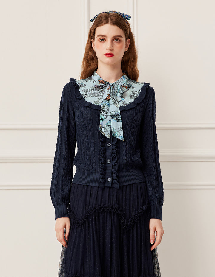 BORA AKSU Ruffled Trim Knit Top Patchwork Print Sash Tie Knitted Pullover