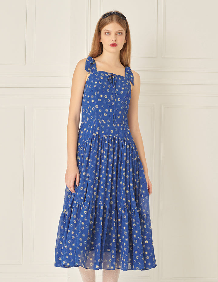 BORA AKSU Bow-Embellished Suspender Pleated Printed Dress