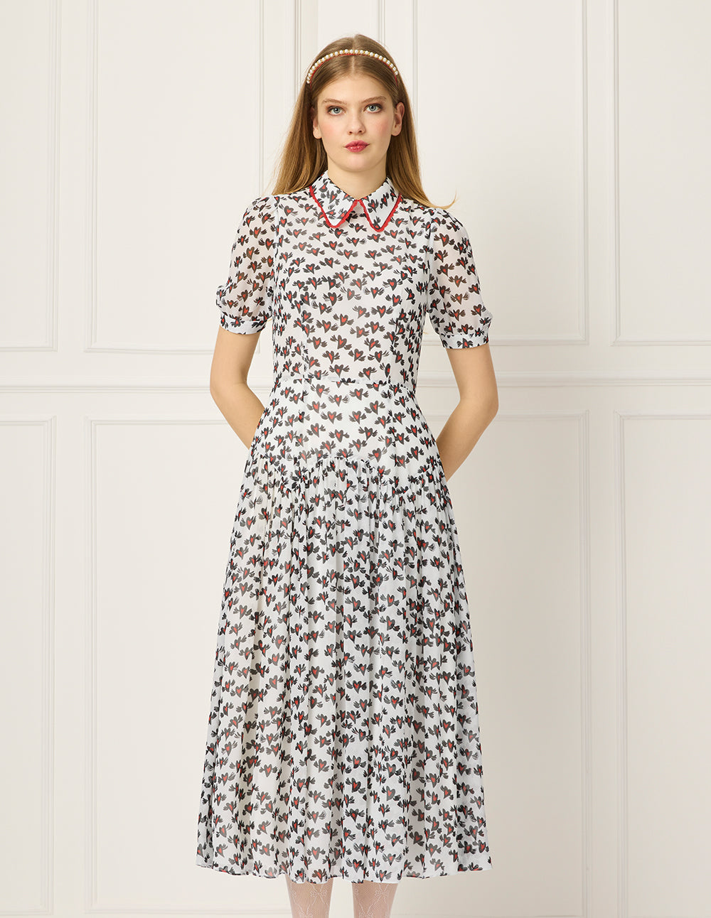 BORA AKSU Peter Pan Collar Puff Short-Sleeve Heart Print Lace-Trim Empire-Waist Pleated Midi Dress