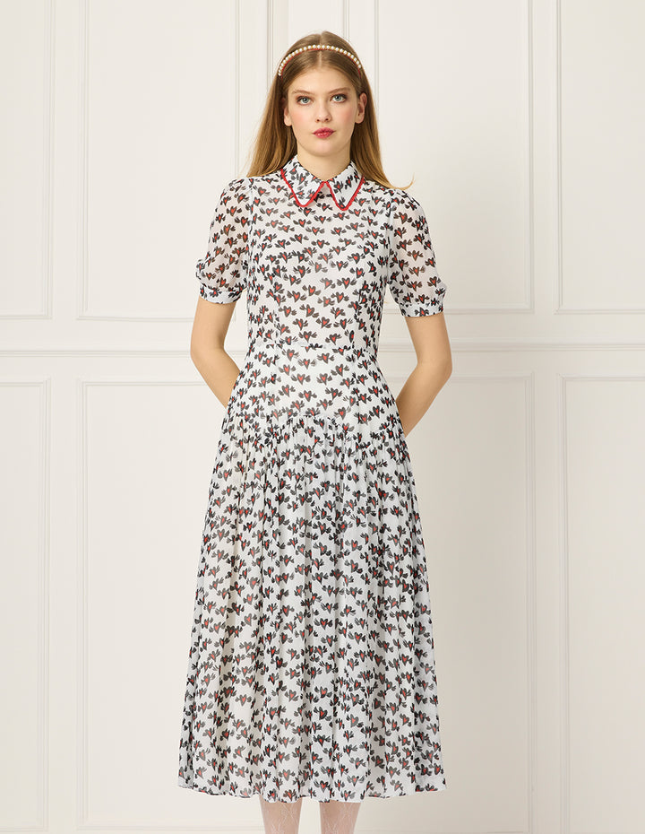BORA AKSU Peter Pan Collar Puff Short-Sleeve Heart Print Lace-Trim Empire-Waist Pleated Midi Dress