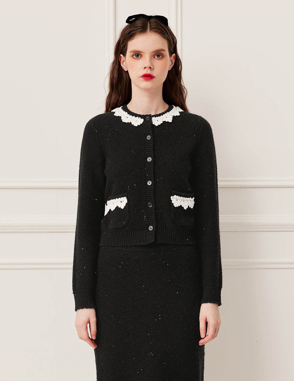 BORA AKSU Round Neck White Sequined Lace Trim Long Sleeve Knit Cardigan