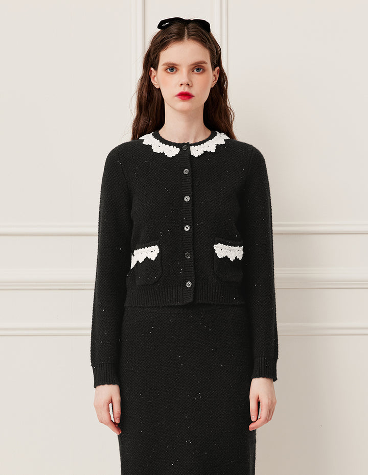 BORA AKSU Round Neck White Sequined Lace Trim Long Sleeve Knit Cardigan