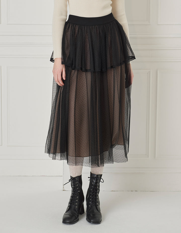 BORA AKSU Polka Dot Mesh Overlay Pleated Midi Skirt