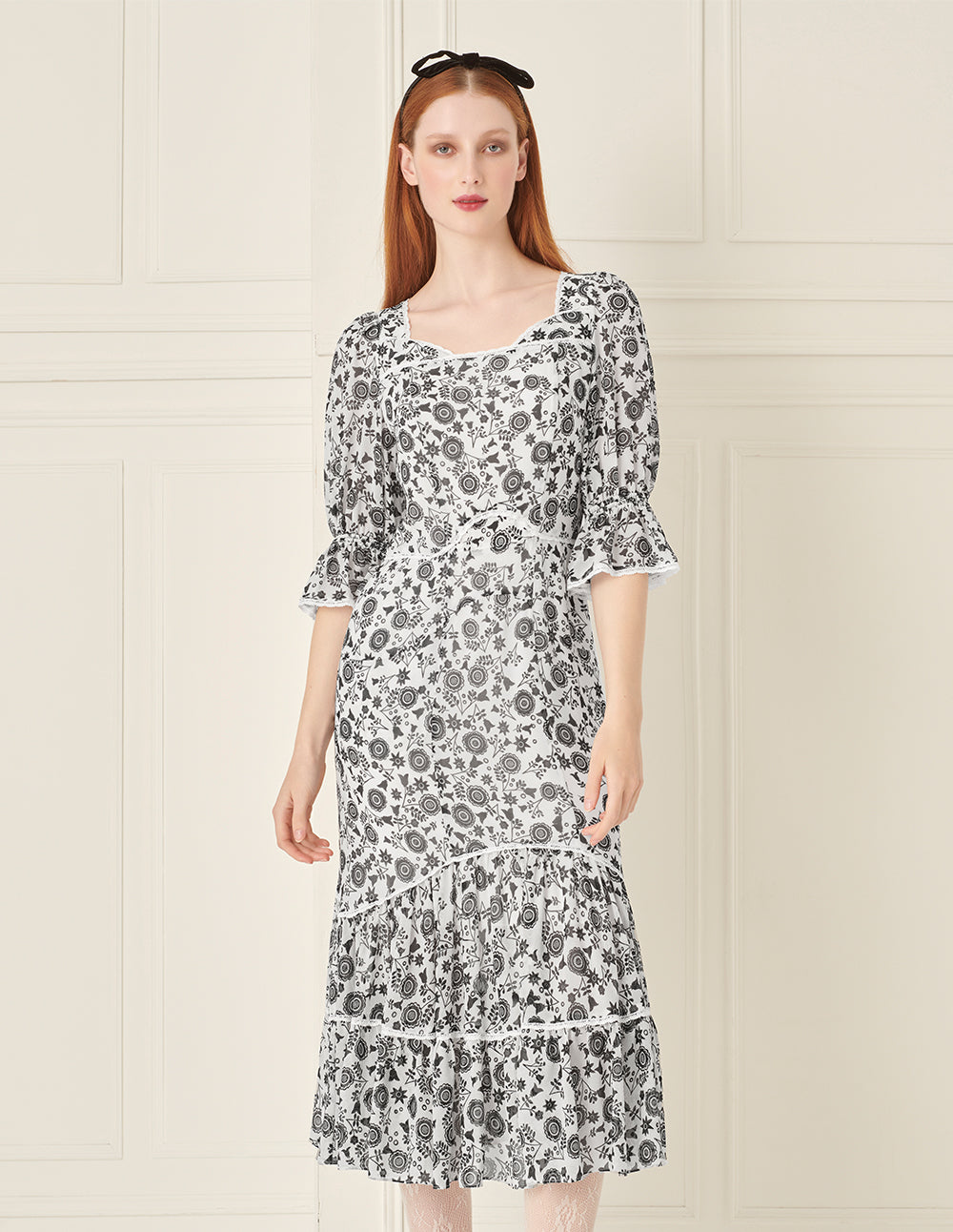 BORA AKSU Retro Square Neck Puff Sleeve Ruffle Print Dress