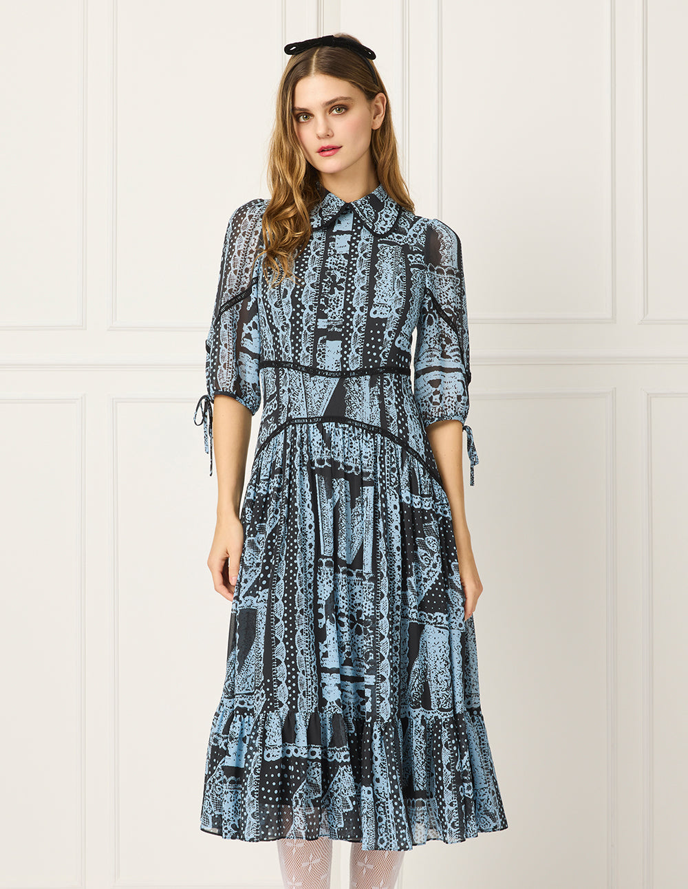 BORA AKSU Puff-Sleeve Silk Floral Print Pleated Midi Dress